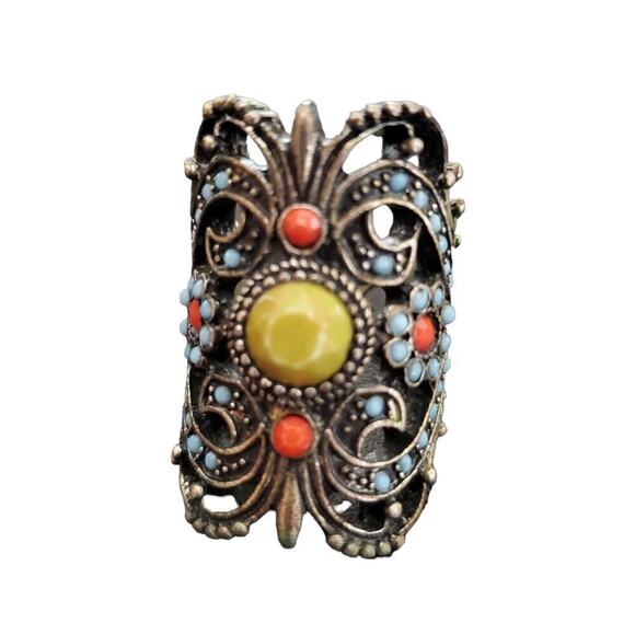 Unbranded Jewelry - Vintage Women Ornate yellow orange blue round stones accent ring Size 8